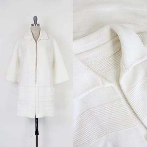 vintage sweater coat / 1960s knit coat / creamy white knit coat / sweater coat / striped knit coat / cardigan coat / vintage knit coat