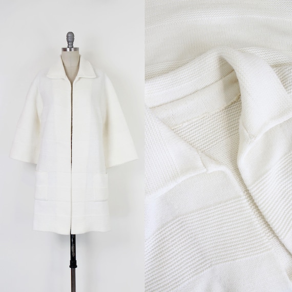 vintage sweater coat / 1960s knit coat / creamy white knit coat / sweater coat / striped knit coat / cardigan coat / vintage knit coat