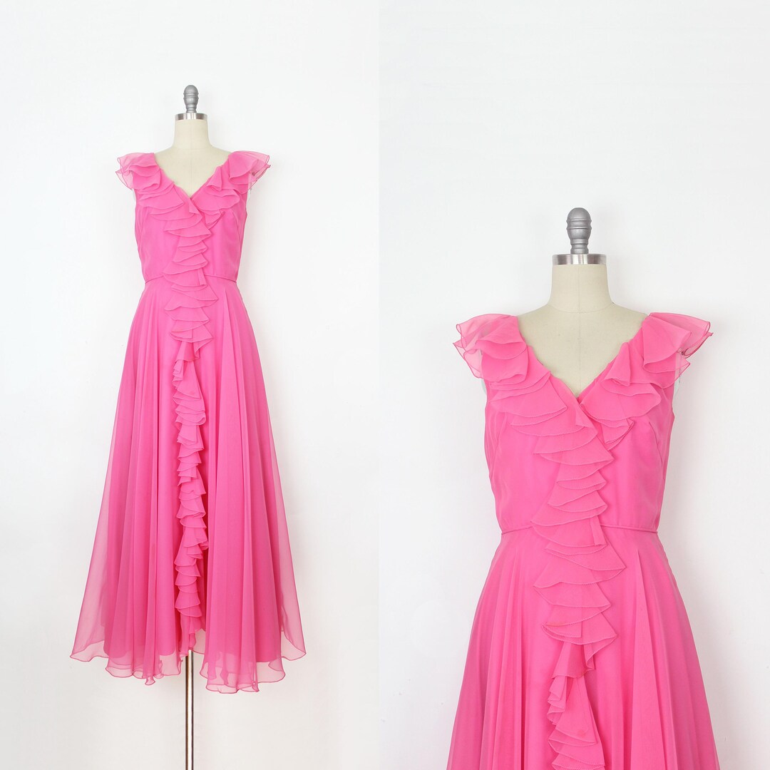 Vintage 70s Chiffon Dress / 1970s Pink Chiffon Dress / Ruffled Chiffon ...