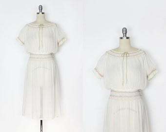 1920s Hungarian dress / antique 20s embroidered dress / white cotton voile dress / sheer 20s dress / smocked peasant dress