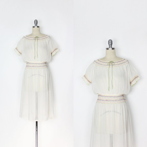1920's Vintage Embroidered Silk Voile Posey Dress - White