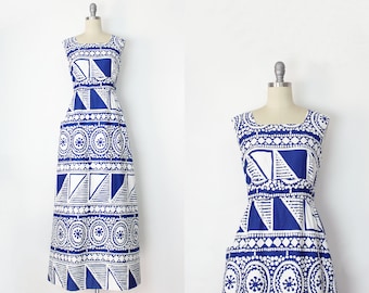 vintage 70s MALIA dress / 1970s cotton maxi dress / blue white print dress / printed summer maxi dress / empire waist dress