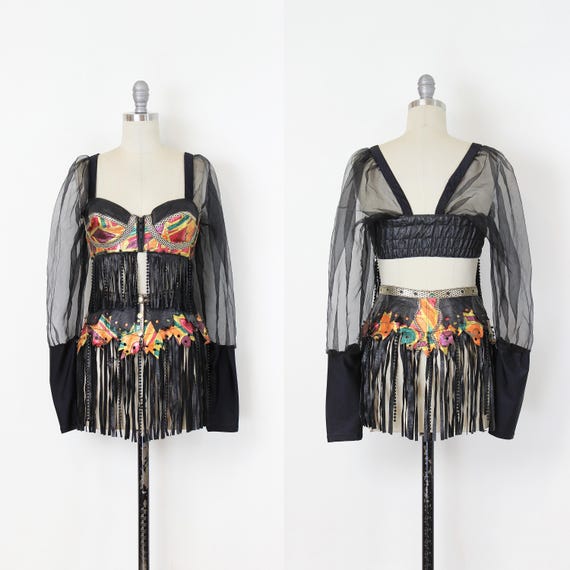 vintage 80s fringe top skirt set / 1980s leather bustier / leather bra top / belt mini skirt / fringed leather belt / 80s club wear