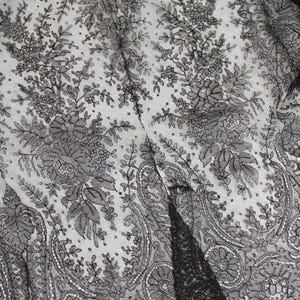 May include: Close-up of a black lace fabric with an intricate floral and paisley pattern. The delicate lace features detailed designs of flowers, leaves, and swirling motifs. The fabric is semi-transparent, revealing the background.