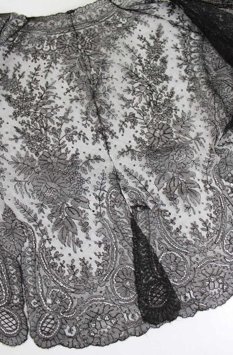 May include: Close-up of a black lace fabric with an intricate floral and paisley pattern. The delicate lace features detailed designs of flowers, leaves, and swirling motifs. The fabric is semi-transparent, revealing the background.