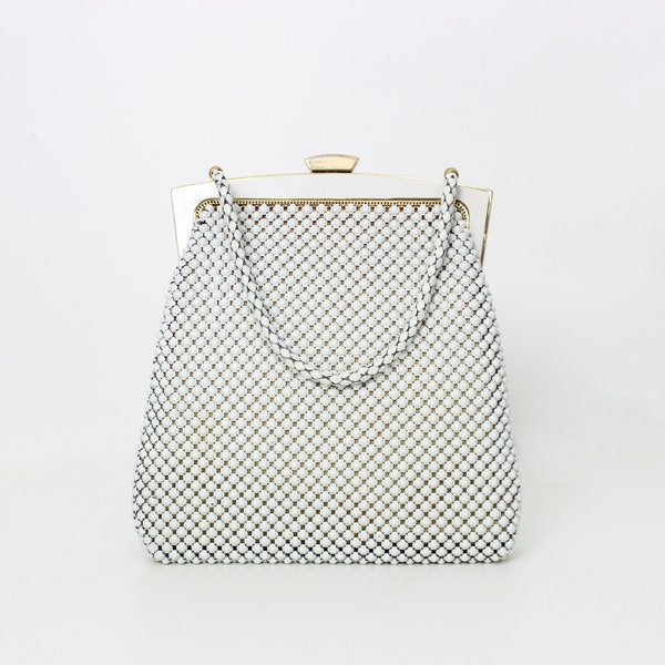 vintage WHITING & DAVIS bag / 1970s white metal mesh bag / vintage metal mesh bag / white gold metal bag purse