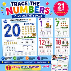 May include: A 21-page educational activity pack titled Trace the Numbers 0-20. The pages feature number tracing exercises, counting tasks with stars, carrots, and balloons, number recognition, and a My Superpowers worksheet for children.
