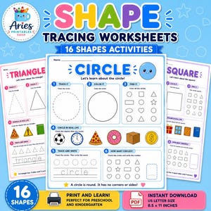 May include: A set of 16 shape tracing worksheets for preschool and kindergarten, featuring activities to trace, color, and identify shapes like circles, triangles, and squares. The pages are US letter size, 8.5 x 11 inches, and available as a PDF download.
