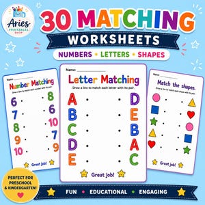 Puede incluir: Un conjunto de 30 hojas de trabajo de emparejamiento con actividades de números, letras y formas. Las páginas incluyen textos como Number Matching, Letter Matching y Match the shapes, con gráficos coloridos y líneas para conectar.