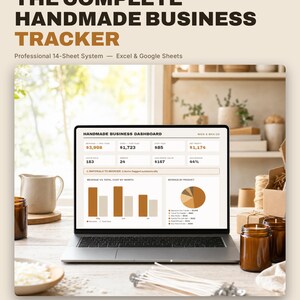 May include: A digital business tracker displayed on a laptop screen, titled The Complete Handmade Business Tracker. The dashboard shows financial metrics, a bar chart for revenue versus cost, and a pie chart for revenue by product.