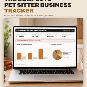 May include: A laptop screen displaying The Complete Pet Sitter Business Tracker, a 14-sheet system for Excel and Google Sheets. The dashboard shows financial data including revenue, expenses, net profit, outstanding invoices, and charts.