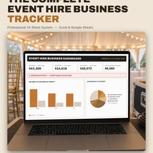 May include: A digital event hire business tracker displayed on a laptop screen. The dashboard shows financial data including revenue, expenses, net profit, and outstanding invoices, alongside bar charts and a pie chart for expense categorization.
