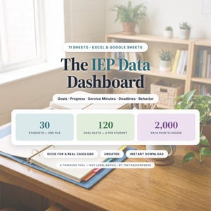 May include: The IEP Data Dashboard digital tool for Excel and Google Sheets features 11 sheets for tracking goals, progress, service minutes, deadlines, and behavior. It supports 30 students, 120 goal slots, and 2,000 data points. Includes undated templates.