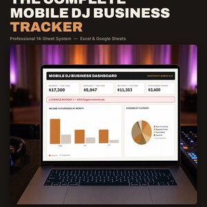 May include: A laptop screen displaying The Complete Mobile DJ Business Tracker, a 14-sheet system for Excel and Google Sheets. The dashboard shows financial metrics, including revenue, expenses, net profit, outstanding invoices, and overdue invoices.