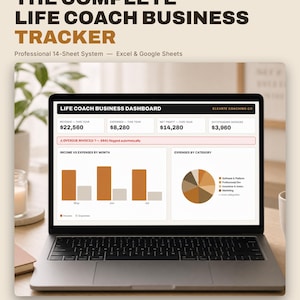 May include: A laptop screen displaying a Life Coach Business Dashboard with financial metrics, including revenue, expenses, net profit, and outstanding invoices. The interface features a bar chart for income versus expenses and a pie chart for expenses by category.