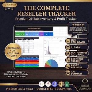 May include: A digital inventory and profit tracker with a reseller dashboard, monthly sales and profit charts, and platform fee auto-calc. The image includes the text "THE COMPLETE RESELLER TRACKER" and "STREAMLINE YOUR RESELLING TODAY."