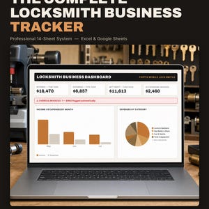 May include: A laptop screen displaying The Complete Locksmith Business Tracker, a 14-sheet system for Excel and Google Sheets. The dashboard shows revenue, expenses, net profit, outstanding invoices, and charts for income versus expenses by month.