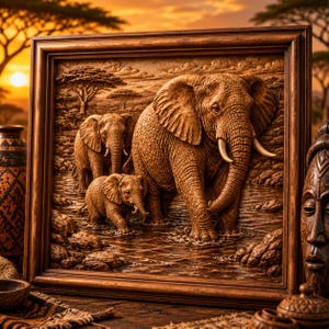 Op de afbeelding: Een vierkant houten wandkunstwerk met een gedetailleerd reliëf van drie olifanten die door water in een savannelandschap lopen. De scène bevat een grote volwassen olifant, een kleinere olifant en een kalf, allemaal uitgevoerd in bruintinten.