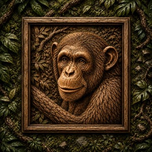 Op de afbeelding: Een rechthoekige houten lijst met een gedetailleerd reliëf van een chimpanseegezicht. Het kunstwerk heeft een bruine, getextureerde houten afwerking die de vacht en gelaatstrekken van de primaat weergeeft, omringd door uitgesneden bladeren en takken.
