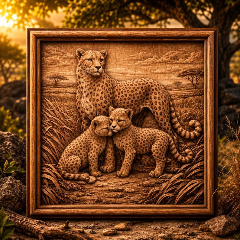 Cheetah Family STL File for CNC Carving | Cheetah Cubs Relief 3D Model ...