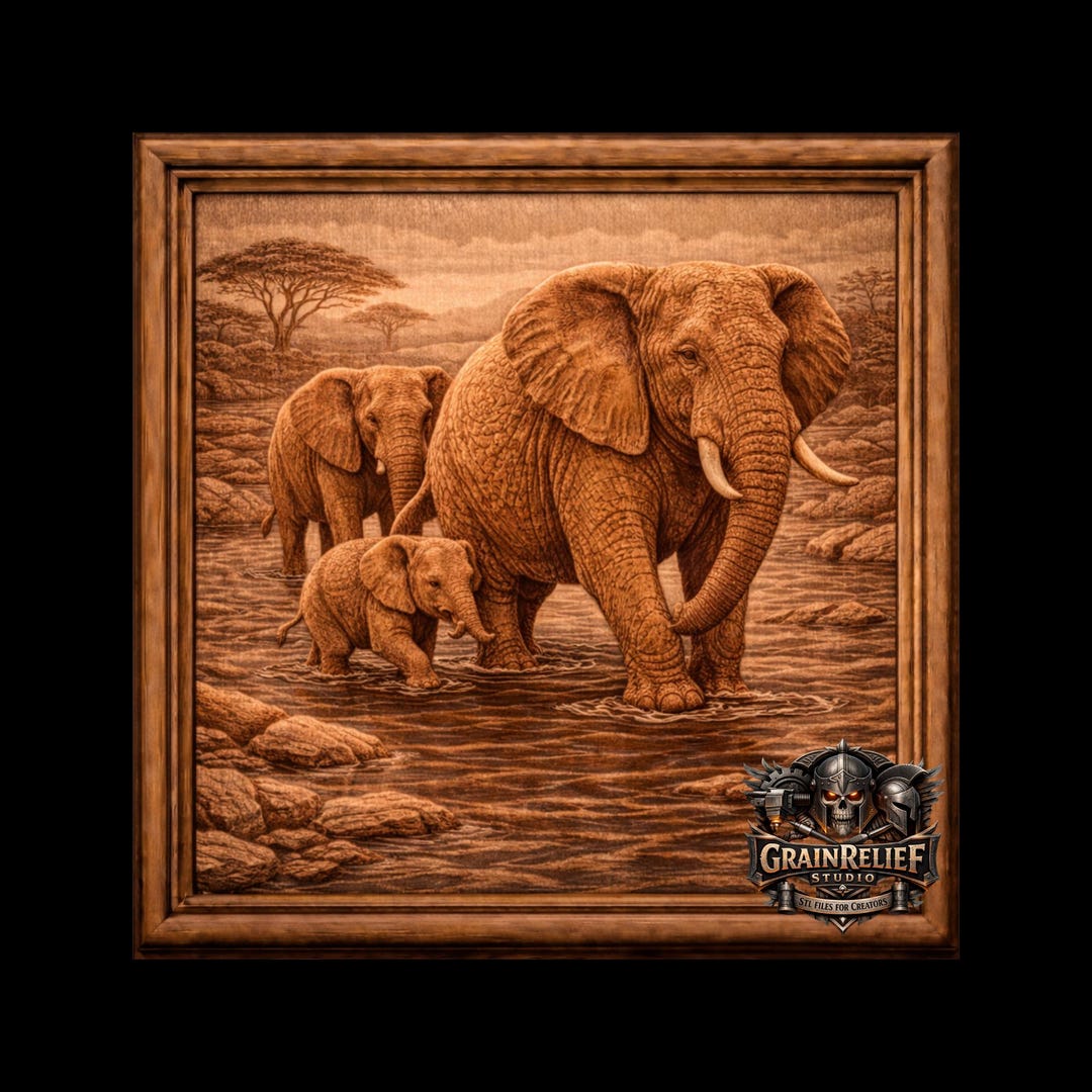 Elephant Family STL File for CNC Carving | Detailed Elephant Relief 3D ...