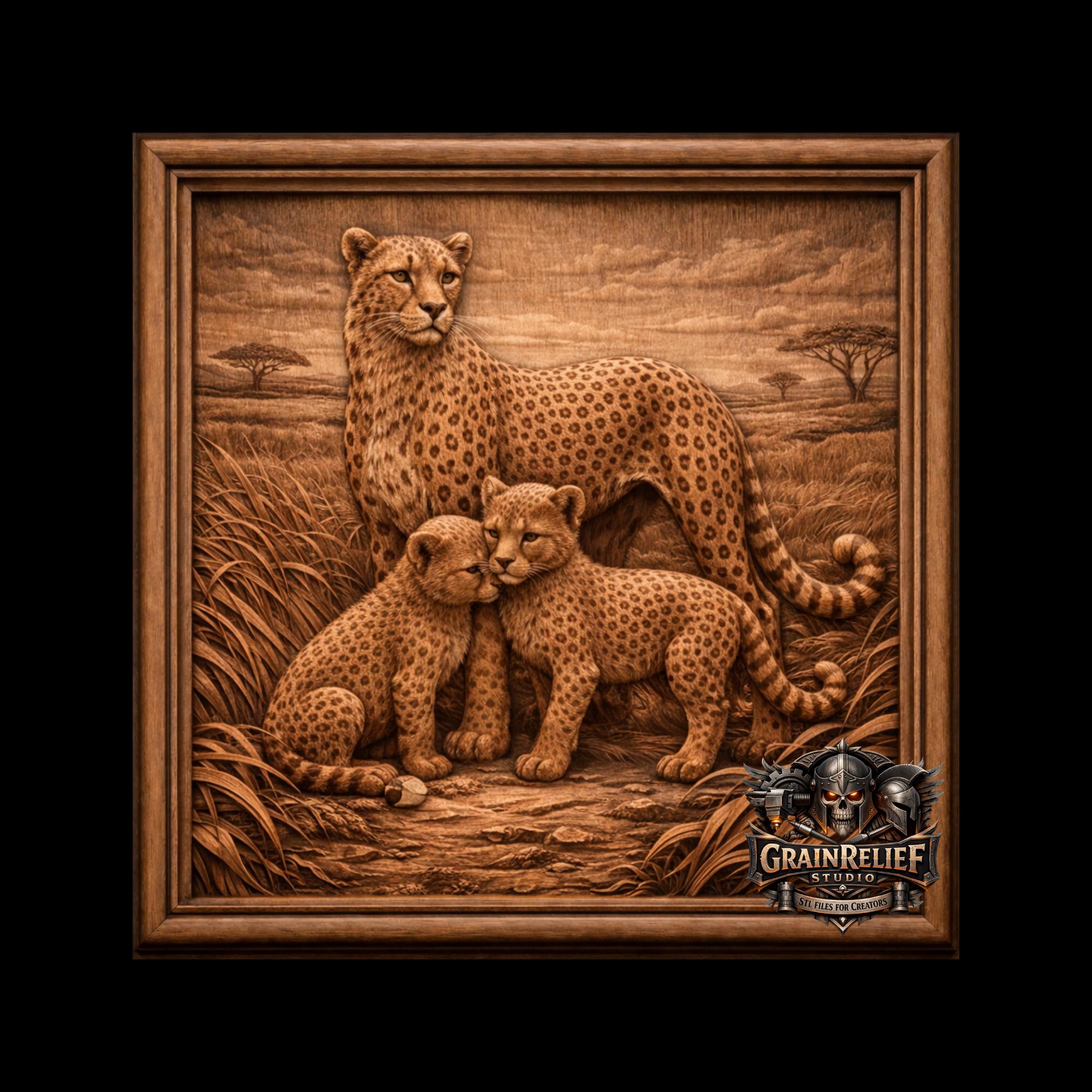 Cheetah Family STL File for CNC Carving | Cheetah Cubs Relief 3D Model ...