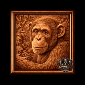 Op de afbeelding: Een gedetailleerde, bruine reliëfsnede van een chimpansee in een houten lijst. Het kunstwerk toont het gezicht en bovenlichaam van de chimpansee, omringd door bladeren. De lijst heeft een donkerbruine afwerking. Het GrainRelief Studio-logo staat rechtsonder.