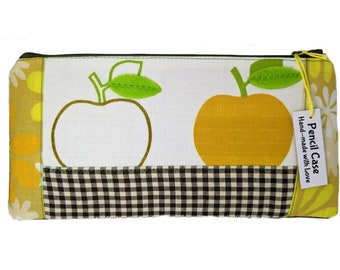 Patchwork Pencil Case/Make-up Bag. Funky 1970s Apples, vintage florals and checks theme, hand-made, unique item.  Great for kids!