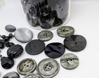 BLACK Buttons mixed lot mostly vintage shades of grey black