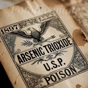 Può includere: Un'etichetta di carta in stile vintage con un'illustrazione di un'aquila, l'anno 1897 e il testo Arsenic Trioxide U.S.P. Poison. L'etichetta ha un aspetto beige invecchiato con bordi decorativi e testo stampato in marrone scuro.