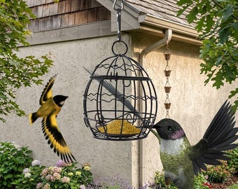 Mangiatoia per uccelli sospesa a forma di gabbia, decorazione da giardino in metallo nero