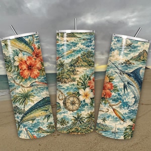 May include: Three stainless steel insulated tumblers with a tropical ocean design. The design features a marlin, hibiscus flowers, palm trees, and a compass. Each tumbler has a silver straw and a white lid.