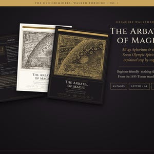 May include: A digital guide titled The Arbatel of Magic, featuring 65 pages of text and illustrations. The cover displays a celestial woodcut print in gold on black, with the subtitle All 49 Aphorisms & the Seven Olympic Spirits, explained step by step.