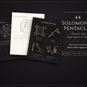 Puede incluir: Una colección digital de 44 Pentáculos salomónicos que incluye sellos planetarios, cuadrados mágicos y sigilos. La muestra incluye páginas con arte lineal dorado y blanco sobre fondos negros y blancos, etiquetadas como Key of Solomon Agrippa.