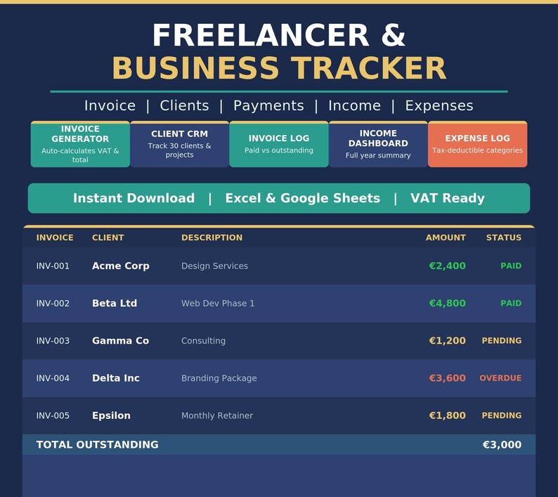 Freelancer Invoice Template Excel | Small Business Tracker Spreadsheet ...