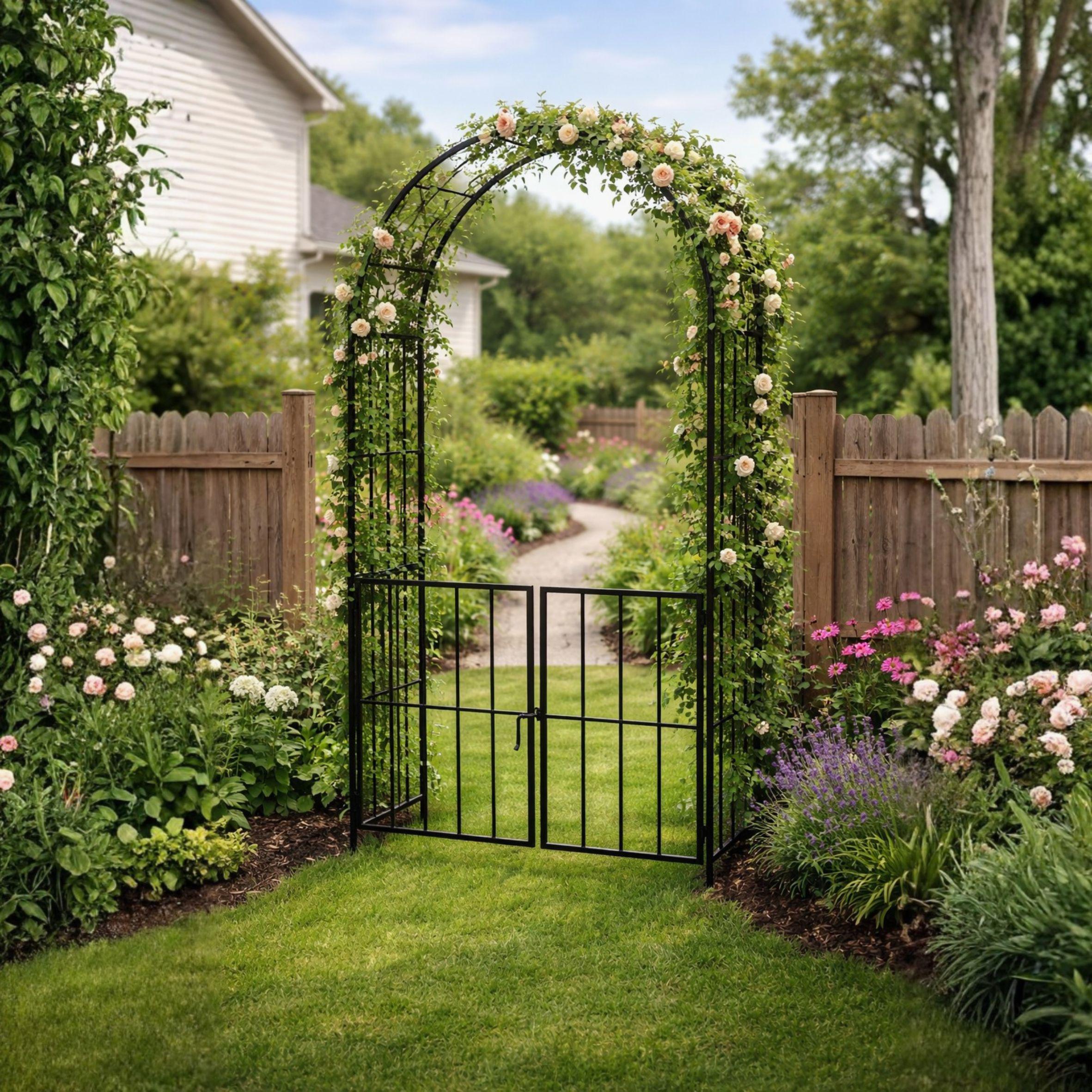 7.5ft Black Metal Garden Arbor With Gate, Climbing Plant Archway for ...