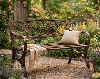 Outdoor Metal Patio Seat, 2-Person Steel Furniture with Scroll Backrest, Black Bronze