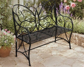 Garden Bench Butterfly Design, Outdoor Patio Seat Weather Resistant with Cast Iron Butterfly Back