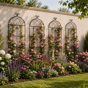 May include: Four black metal garden trellis structures with climbing pink roses against a beige wall. The garden bed below features a variety of colorful flowers, including white, purple, and pink blooms, with green grass in the foreground.