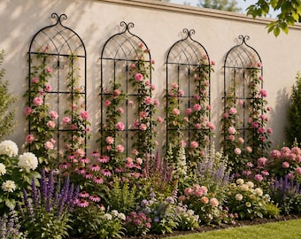 2pcs Black Arch Garden Trellis Set – Climbing Rose Support Panels