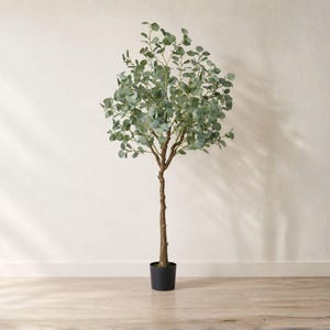 May include: A tall artificial eucalyptus tree featuring a slender brown trunk and numerous rounded, sage green leaves. The tree is planted in a simple, cylindrical black pot, providing a stable base for the upright, branching structure.