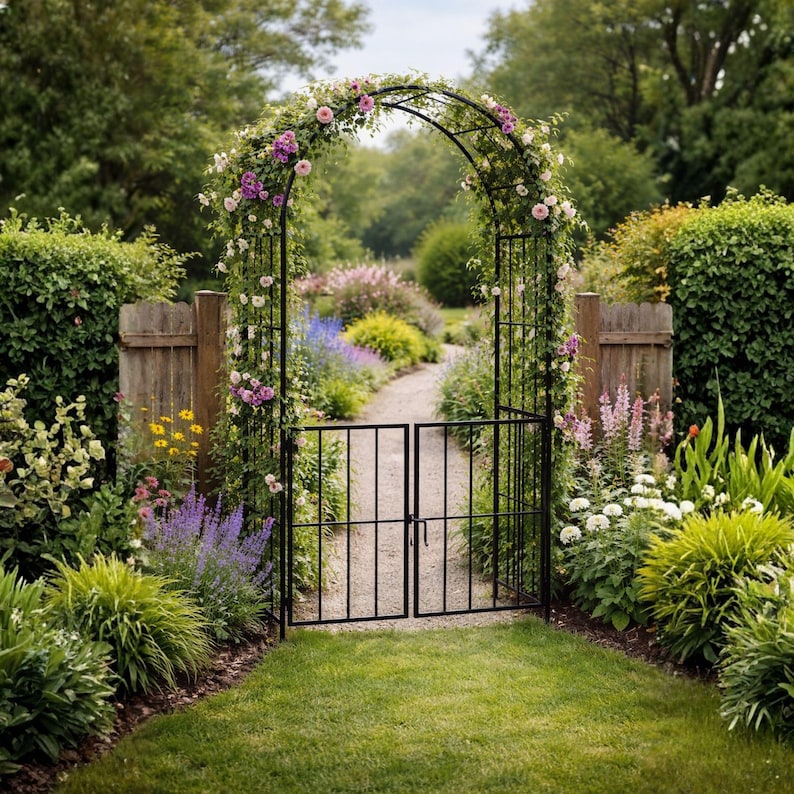 7.5ft Black Metal Garden Arbor With Gate, Climbing Plant Archway for ...