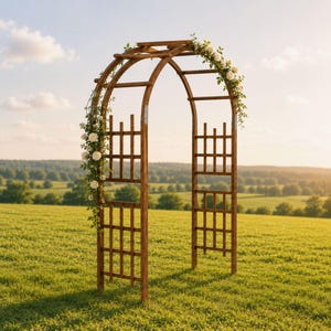 May include: A dark brown wooden garden arch featuring a curved top and a lattice side panel design. The structure is decorated with white climbing roses along the left side and top arch, connected by silver metal hinges on the vertical posts.