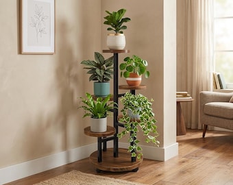 5-Tier Plant Stand with Wheels: Iron and Pine Wood, Walnut Finish, Indoor Outdoor Use