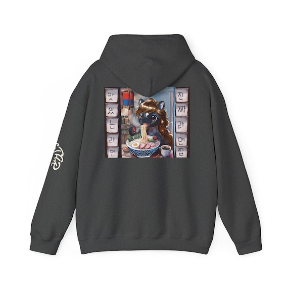 Ramen Pony Illustration Hoodie | Korean Noodle Shop Back Print