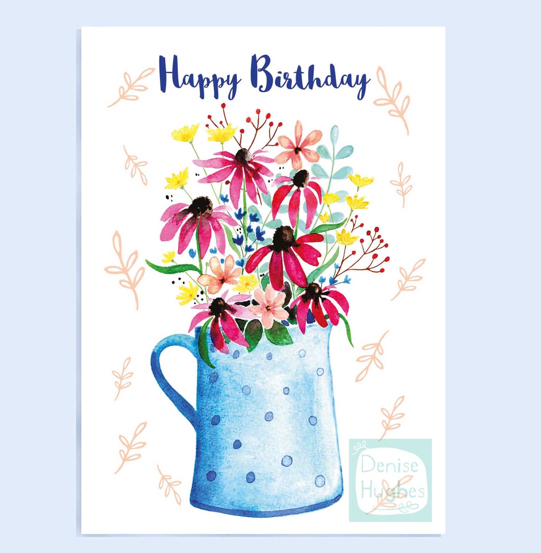 Blue Jug Birthday Card Floral Birthday Card Flower Vase - Etsy