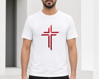 Minimalist Cross Shirt, Red Modern Christian Tee, Simple Faith Hoodie, Baptism or Christmas Gift for Him