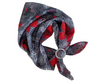 Elegant Square Scarf and Silver Scarf Slide. Red Lilies on a Grey Background with Gold Metallic Thread. 27X27 Inches.