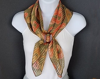 Elegant Square Scarf Gold and Orange Swirls on Olive with Gold Metallic Thread, with Slide Included, 27X27 Inches