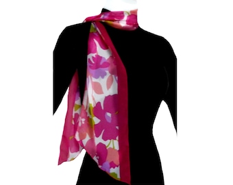 Skinny Scarf-Sheer Bright Big Blooms-Pink Purple Olive Green with Fuchsia Edge. 6 x 60”. Wrap around a Hat or use as a Belt, Tie, Scarf 3195
